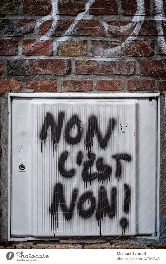 Lettering on a house: No means no! no means no Cancelation Emotions Protest Resolve Communicate say no Denial retaliate Self-confident Copy Space top
