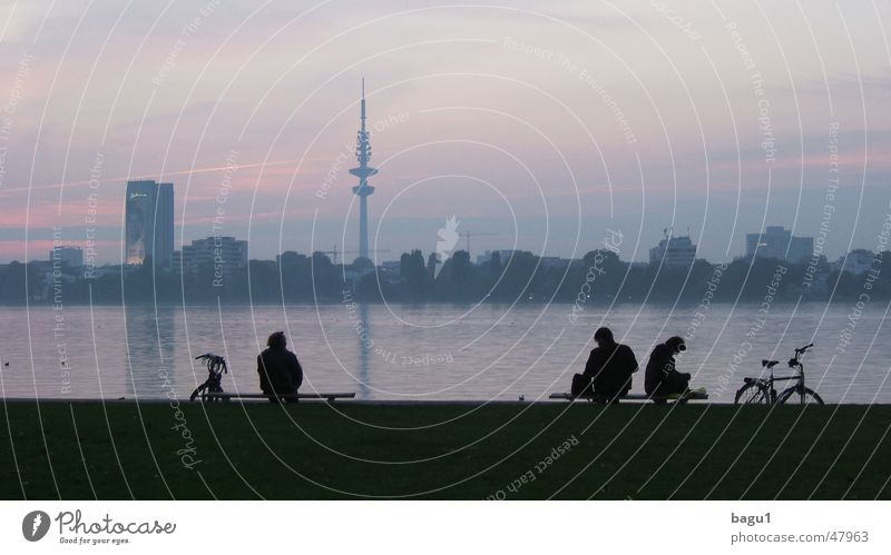 Hamburg at the blue hour Alster Lake Twilight Break Bicycle Sky Evening Silhouette Shadow Human being Television tower Cycling Hamburg TV tower