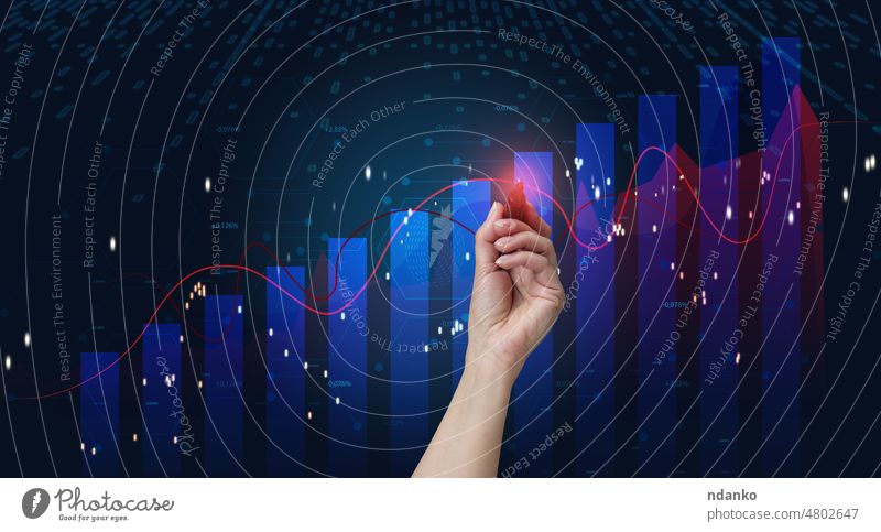 Holographic chart with rising rates and indicators. Business growth concept, high profitability, successful startup. The growth of the exchange rate analyzing