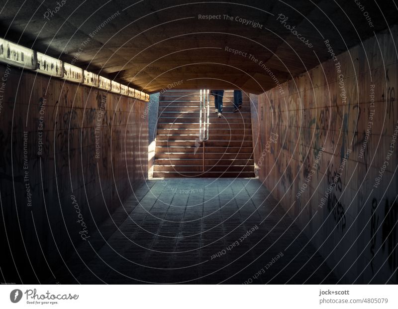 a staircase, a play of lights and a pathway Tunnel vision Subsoil Architecture Structures and shapes Lanes & trails Underpass Lighting Stairs Artificial light