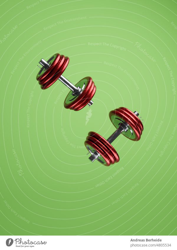 Two red metal dumbbells on green background Dumbbell calories Weight free time Fat Discipline Be suitable Strong mass 3D rendering Sports well-being Health care