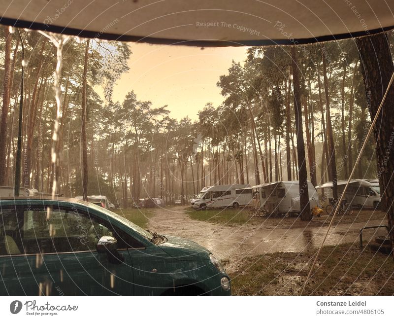 View from the camping tent during a thundershower. outlook Deserted Day Mobile home romantic Wanderlust voyage Retro Window Mobility Caravan Meadow vacation