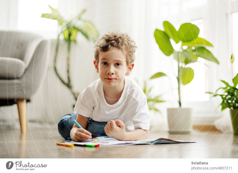 A little boy draws, lying on the floor, having fun. Happy childhood, positive emotions. Space for text. drawing home paint paper picture concept indoors kid art