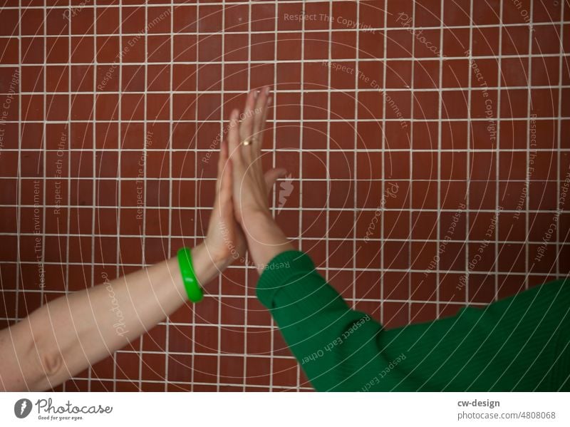 [hansa BER 2022] - High Five Arm Hand Human being Skin body part Fingers Palm of the hand wrist Gesture Woman women feminine Green Pattern handshake Welcome Joy