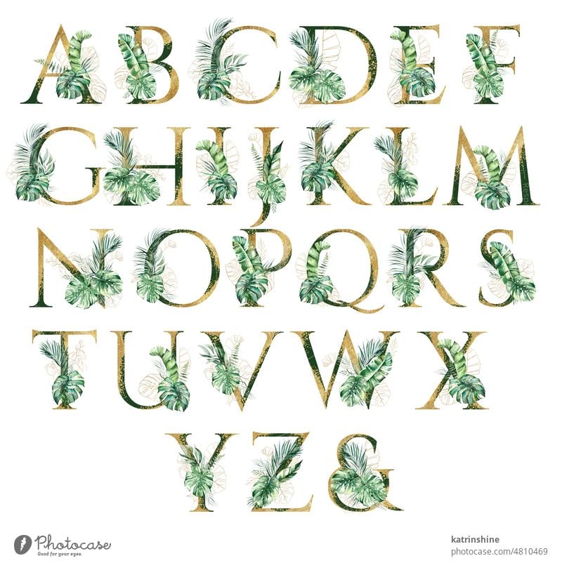 Golden alphabet letters decorated with green and golden Watercolor tropical leaves isolated Botanical Character Drawing Element Exotic Hand drawn Holiday