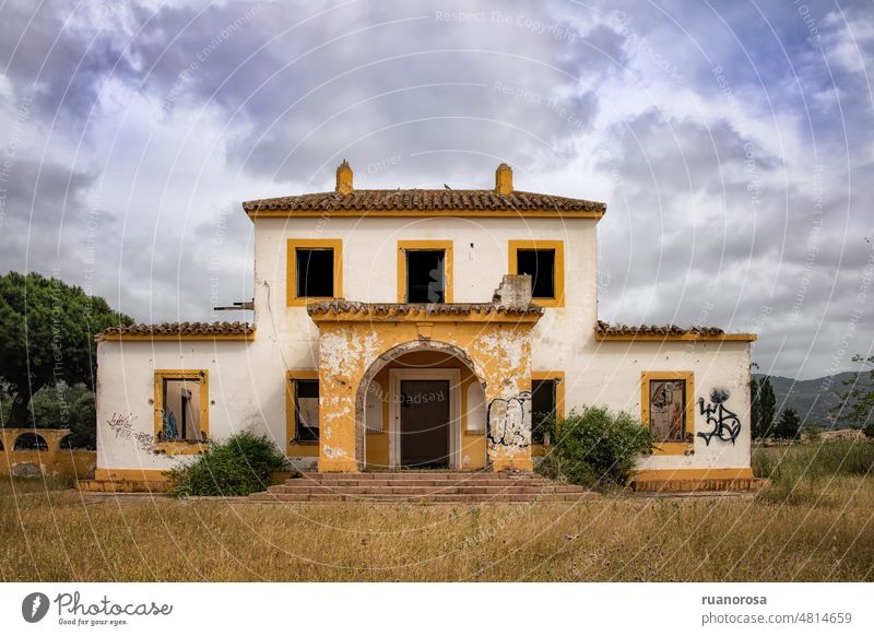 Abandoned house under cloudy sky abandoned clouds ruin Architecture Old Destruction Broken Decline Colour photo House (Residential Structure) Facade Window