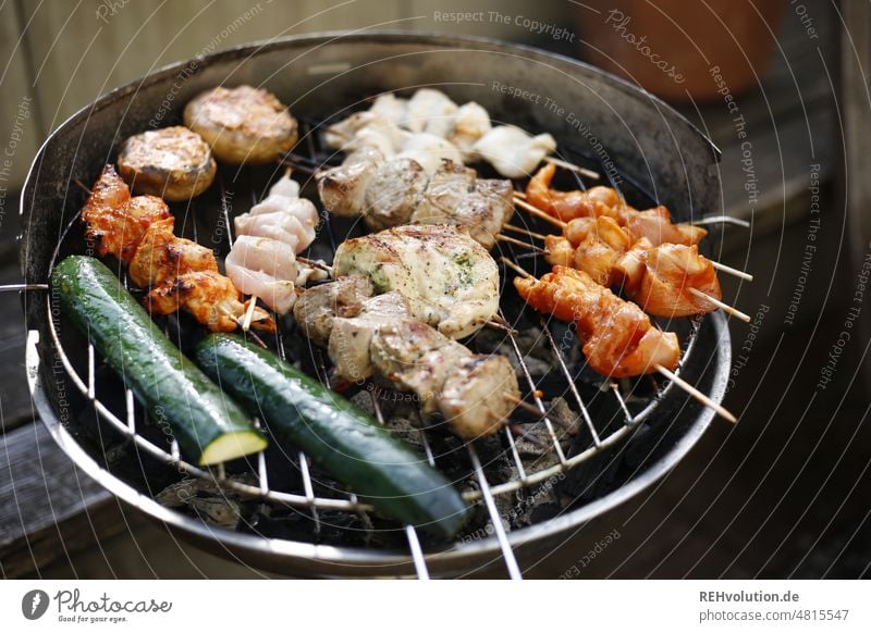 Grill with meat and vegetables BBQ Meat Barbecue (apparatus) BBQ season Delicious Hot Detail blurriness Nutrition Food Colour photo Exterior shot Eating Dinner
