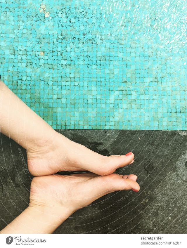 [hansa BER 2022] Greetings from the feet Naked delight pool relax Feet tiles Blue Gray Nail polish Varnished Foot fetish Feminine Woman Legs Skin Red Toenail