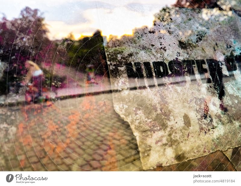Hipster in park wall park Word Bicycle Park Prenzlauer Berg Double exposure Reaction Abstract Experimental Sunset Berlin blurriness bokeh defocused Weathered