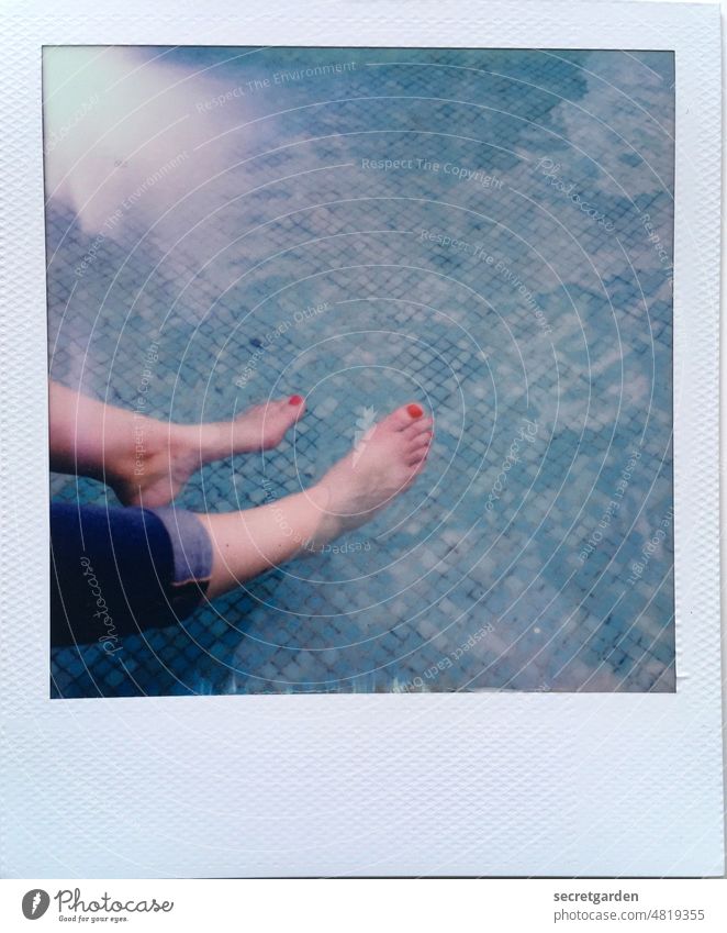 [hansa BER 2022] pool splashing Polaroid Analog feet Wet refreshingly cooling Frame jeans Nail polish Water Summer Exterior shot Blue Legs Woman Barefoot Toes