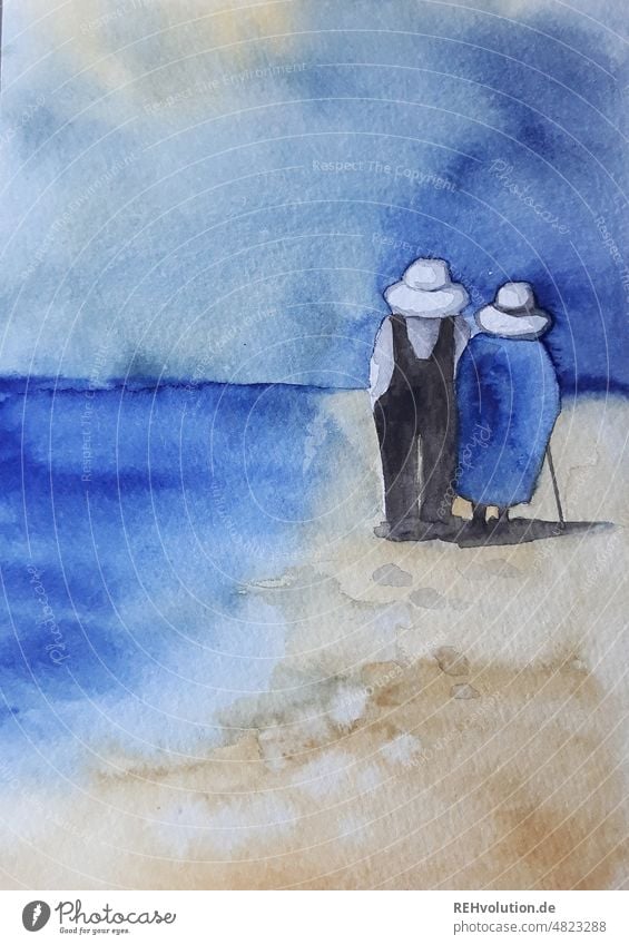 Watercolor - old couple on the beach illustration Watercolors Ocean Couple Old in common Together Weather Happy Attachment Relationship Infatuation Trust Love