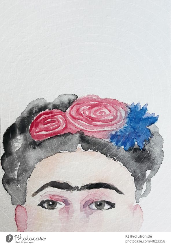 Watercolor by Frida Kahlo Watercolors illustration Face portrait famous artist flowers Headdress Eyebrow Hair and hairstyles eyes Feminine Human being Feminism