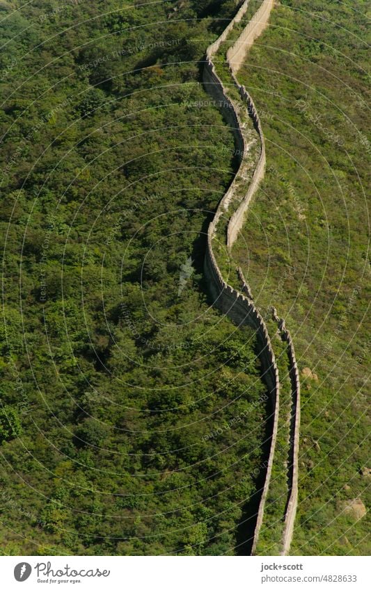Bird's eye view of the Great Wall of China Great wall World heritage Tourist Attraction Manmade structures Landmark Historic Long Protection Might Green Under