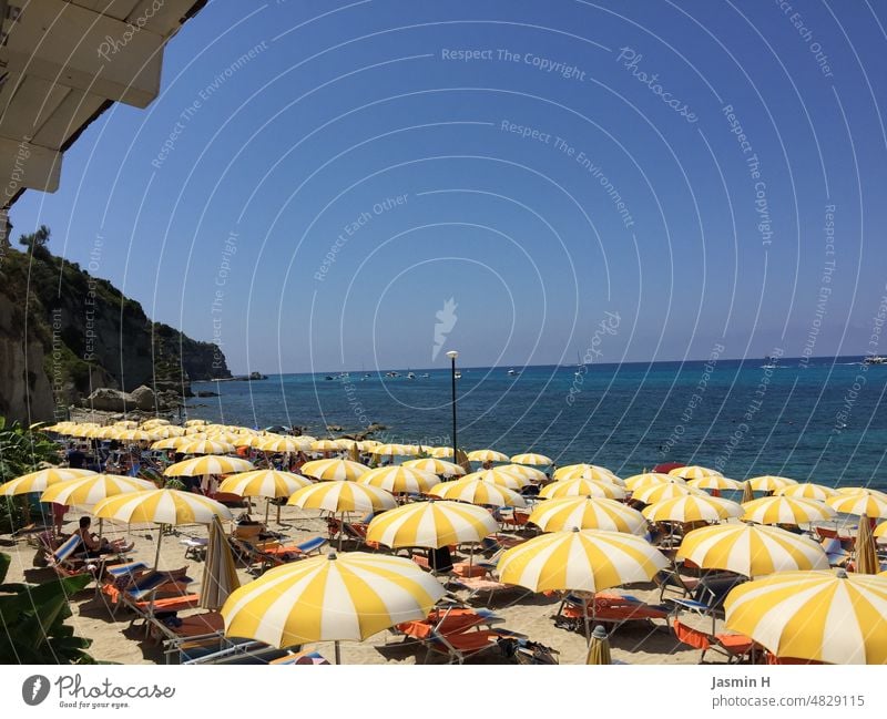 Sunshades on the beach parasols yellow-white Summer Beach Sky Blue Vacation & Travel Ocean Tourism Exterior shot Colour photo Beautiful weather Relaxation