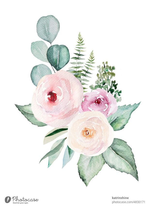 Watercolor light pink flowers and green leaves bouquet, pastel arrangement illustration Botanical Decoration Drawing Element Garden Hand drawn Isolated Ornament