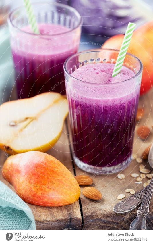 Healthy vegetable smoothie made of red cabbage and red barlett cocktail fruit breakfast diet purple recipe pears food cleanse healthy fresh fitness juice raw