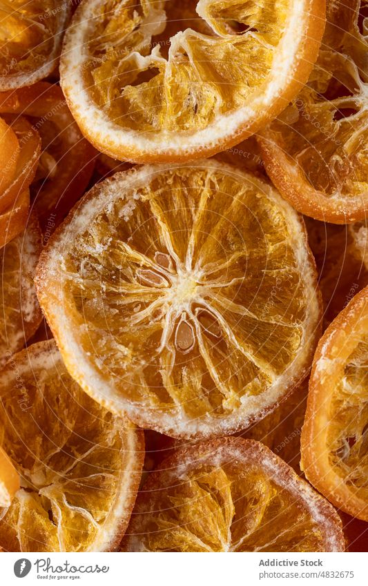 Close-up view of dried orange dry slices background isolated food dehydrated citrus fruit natural healthy ingredient nature decoration aroma sweet spice closeup