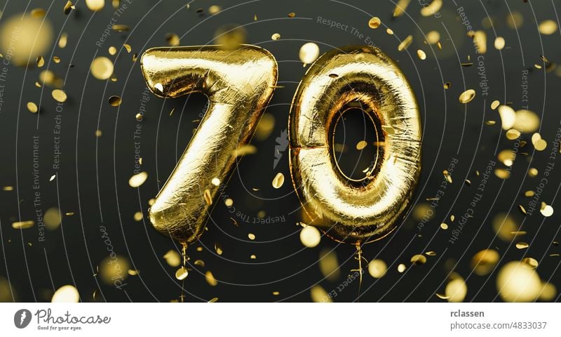 70 years old. Gold balloons number 70th anniversary, happy birthday congratulations, with falling confetti abstract background banner black card celebration