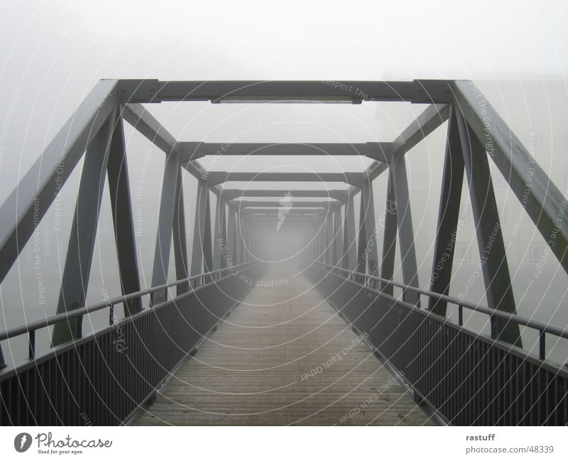 bridge in the fog Fog Steel Construction Gray Aspire Iron Wood Loneliness Bridge Handrail Wooden board grey lonelyness Sadness