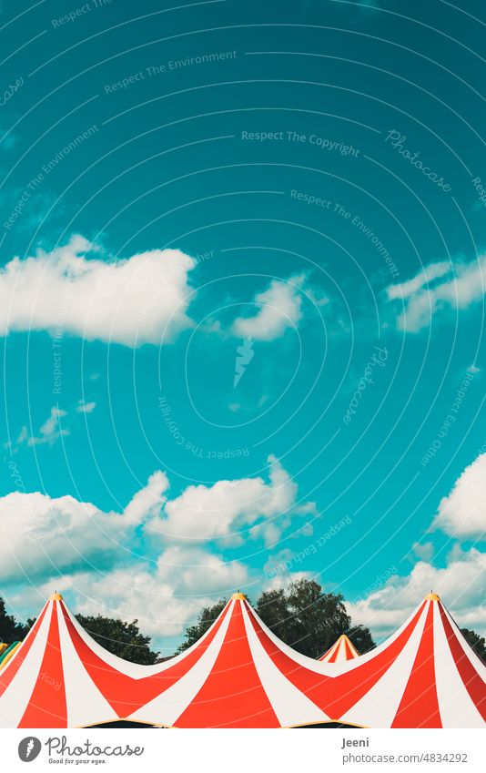 Circus tent roof Point Tent Sky Blue Clouds Beautiful weather Reddish white Fairs & Carnivals Striped Multiple Side by side especially Shows Event Culture