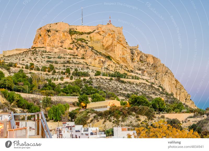 View of Santa Barbara Castle from the old town of Alicante, Spain Alacant Barrio Santa Cruz Comunidad Valenciana Costa Blanca Europe European