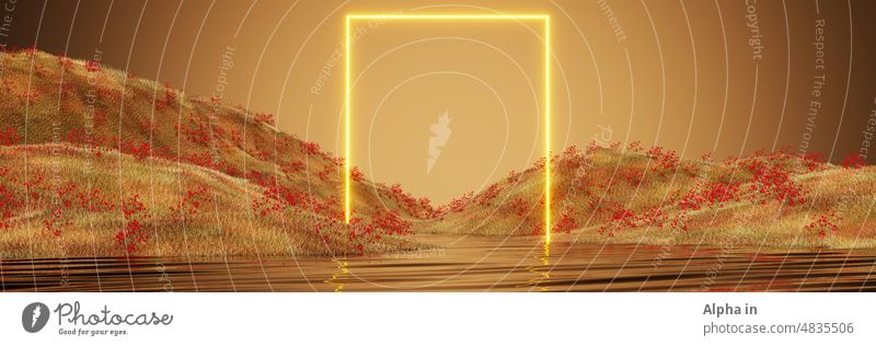 Abstract landscape scene podium neon geometric glow ring lake grass red flower natural beauty backdrop surreal scene product display backdrop cosmetic tech fashion shoes jewelry sunglass 3d rendering