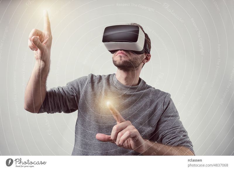Bearded man wearing Virtual Reality VR Headset gaming goggles business digital entertainment game startup innovation reality technology virtual 3d beard concept