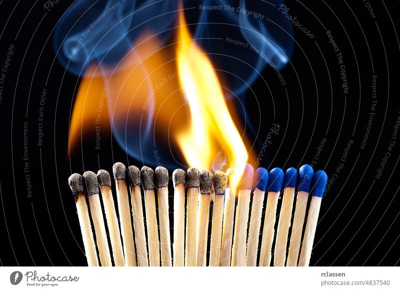Line of burning matches sulfur fire flames smoke flammable closeup combustible concept abstract danger dangerous energy equipment explosive head household