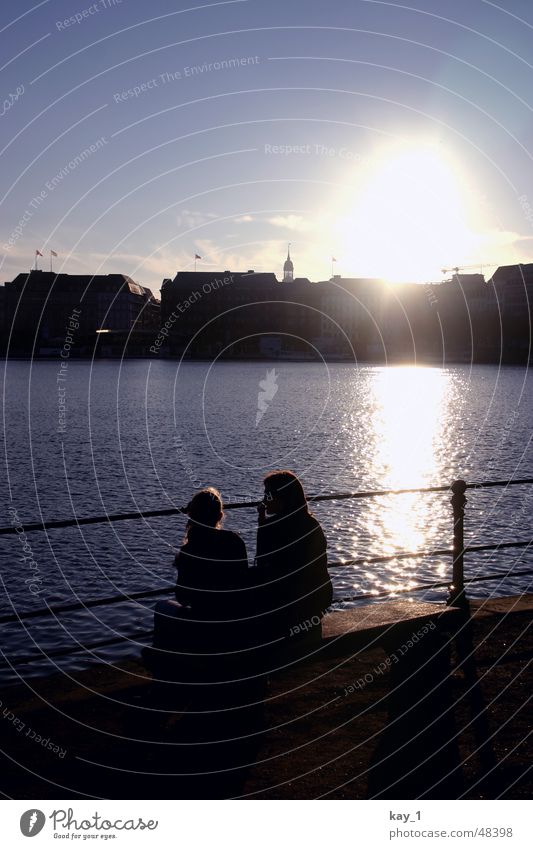 Hamburg Sunset Afternoon Alster Lake Town Germany Friendship Water sea Skyline Couple In pairs