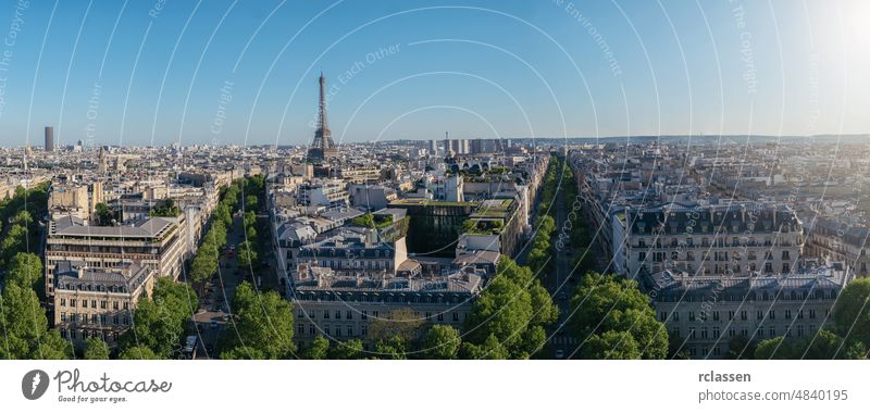 Paris Skyline Panorama with eiffel tower. View from Arch of Triumph paris panorama landmark france skyline clear blue sky cityscape aerial europe old town