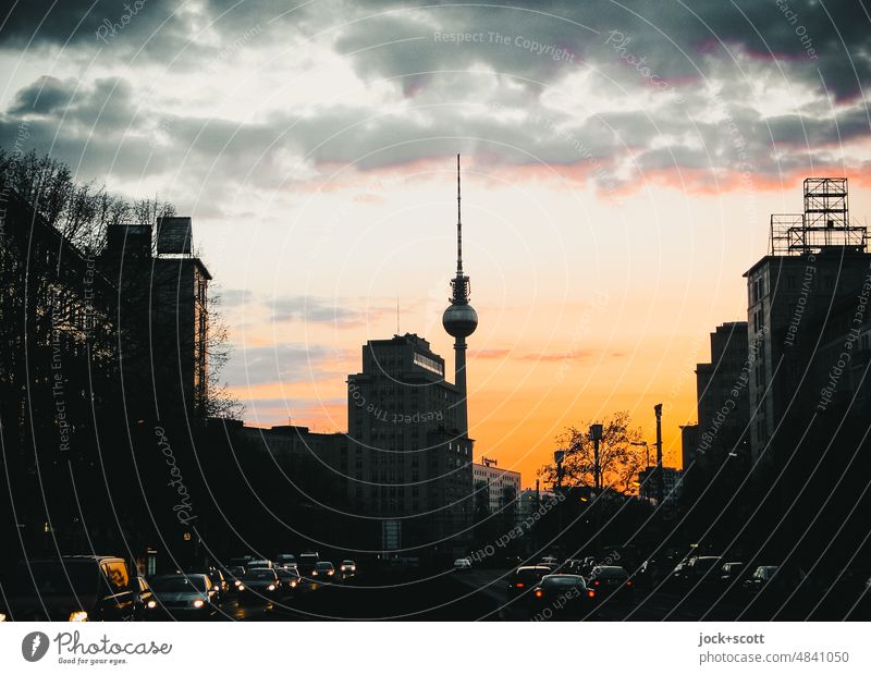 Karl-Marx-Allee - sunset over Berlin Berlin TV Tower Landmark Capital city Downtown Back-light Silhouette Background picture Sunset Beautiful weather Romance
