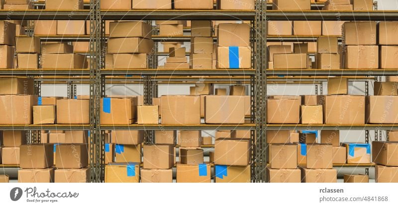 warehouse interior with shelves and cardboard boxes, Packed courier delivery concept image package shipping distribution industry parcel carton factory business