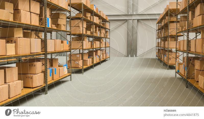 warehouse view with shelves and cardboard boxes, Packed courier delivery concept image package shipping distribution industry parcel carton factory business