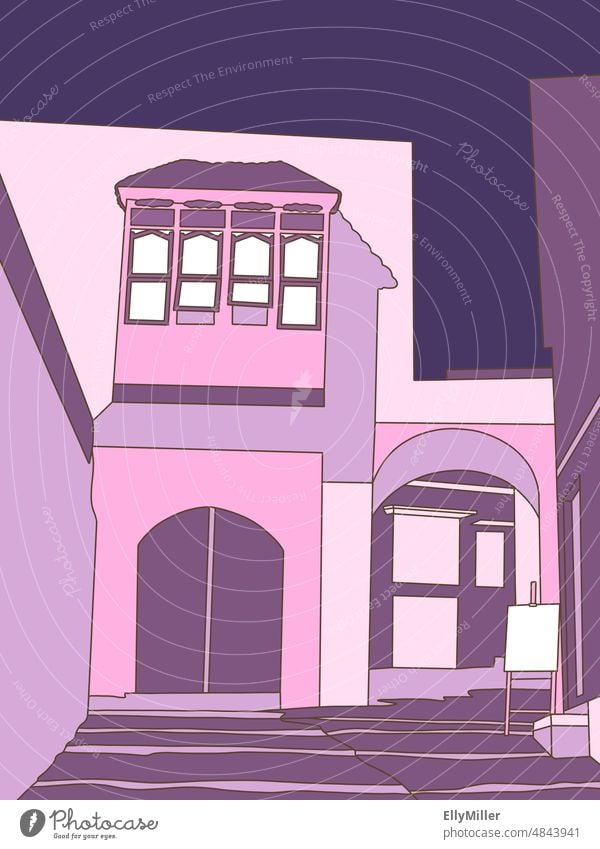 Illustration of oriental houses in purple and pink tones. illustration Building House (Residential Structure) Goal Deserted Wall (building) Architecture door