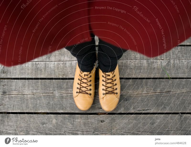 Show me your feet, show me your shoes... Human being Autumn Coat Footwear Looking Brash Cute Yellow Red Resolve Uniqueness Symmetry Growth Wooden floor Stand