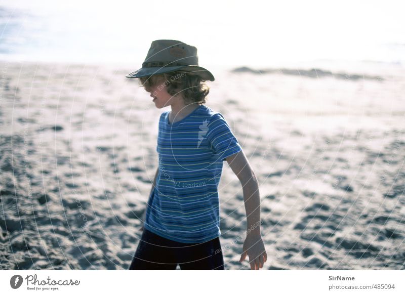 241 [at the beach] Vacation & Travel Summer vacation Boy (child) Infancy Human being 8 - 13 years Child Sunrise Sunset Beautiful weather Beach T-shirt Hat Curl