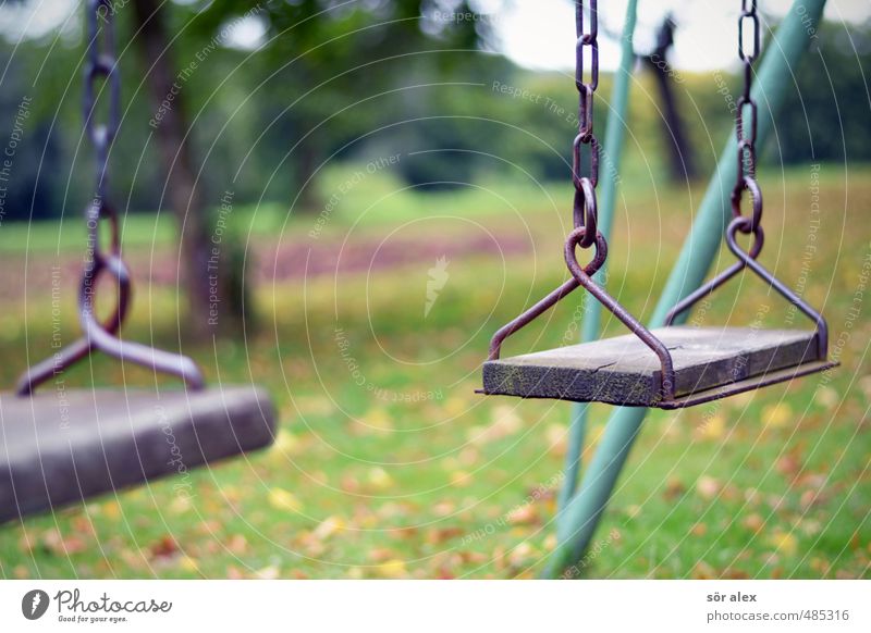 end of season Kindergarten Swing Playground Boredom Grief Loneliness Divide Transience Playing Autumnal Childhood memory Colour photo Exterior shot Close-up