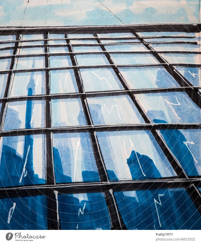 Abstract architecture sketch. Reflective glass facade of office building from frog perspective. Architecture Glas facade illustration Modern Reflection Building