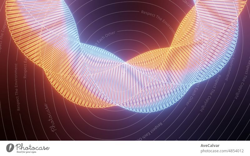 Orange and blue procedural geometric glowing neon shape abstract technology background. 3d rendering. Neon curves in the form of geometric shapes.Ultra Wide Abstract Colorful 3D Background