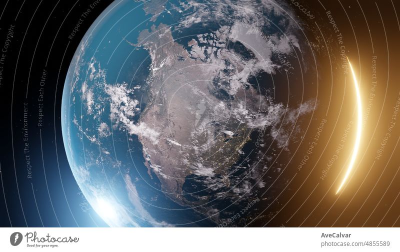 Earth planet viewed from space showing north america,3d render of planet Earth with detailed relief and atmosphere,elements of this image furnished by NASA.Global overview.Cinematic feeling with glow.