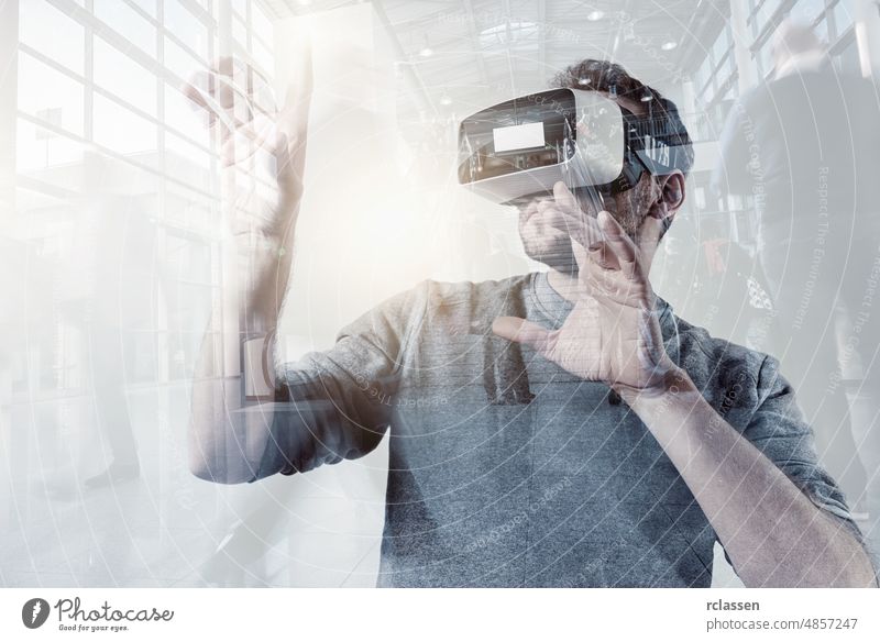 Virtual Reality Experience Conceptual Image with Young Men Wearing Modern VR Goggle at a trade fair business digital entertainment game gaming startup