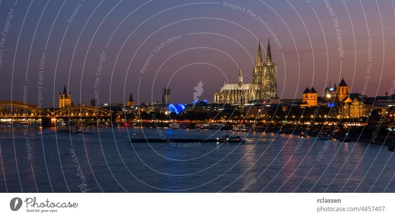 Aerial view of Cologne at night cologne city cologne cathedral old town rhine hohenzollern germany dom river carnival architecture building church bridge summer