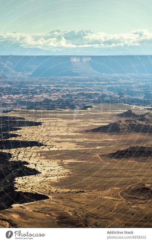 Scenic from above view of mountain canyonlands cliffs utah national park landscape travel desert usa outdoors nature monument aerial arid wilderness stone brown