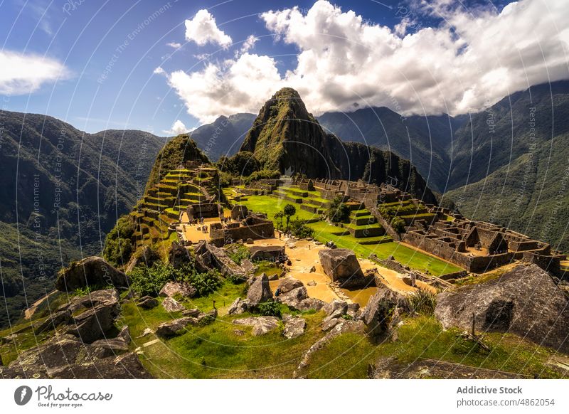 From above scenic mountainous valley during trip in Machu Picchu machu picchu peru travel explore highland nature archeology landscape picturesque inca citadel