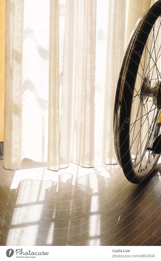 At the window: the wheel of a wheelchair can be seen cut in. Sunlight falls through the delicate, bright curtains and casts shadows on the floor. sunny Window