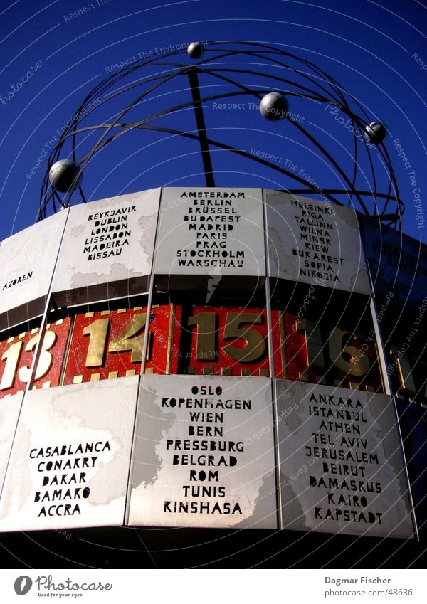 what time? Colour photo Vacation & Travel Clock Art Earth Sky Tourist Attraction Landmark Monument Digits and numbers Historic Blue Red Time Alexanderplatz