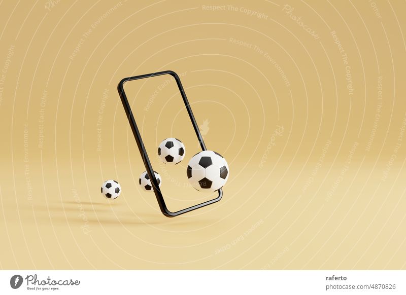 Smartphone with football soccer ball. online game or video stream. 3D Rendering application bet betting champion championship competition cyberspace display