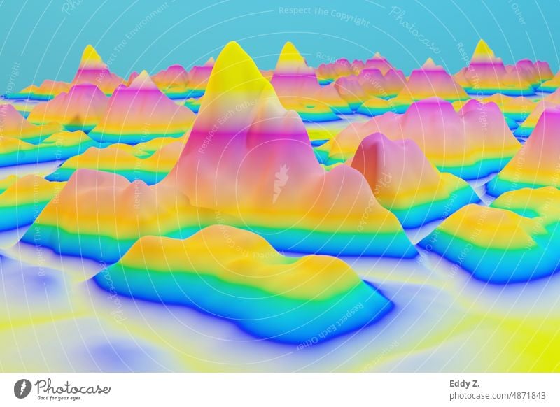 Color topographic map. 3D rendering of a surreal mountain range. Dreamlike cheerful play of colors. Colour Deserted Colour photo 3D display Illustration Design