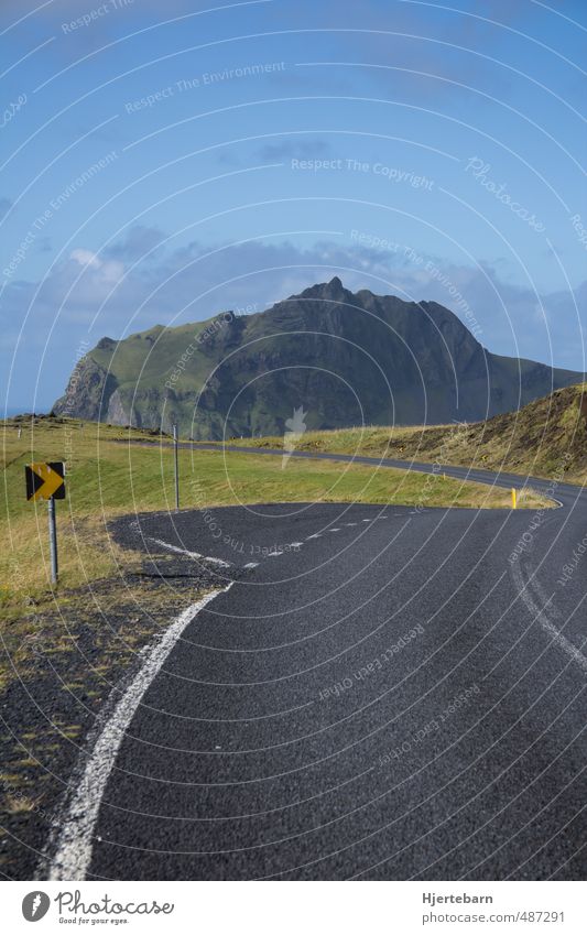 furavegur Environment Nature Landscape Sky Clouds Autumn Beautiful weather Moss Hill Rock Mountain Peak Iceland Deserted Street Road sign Arrow