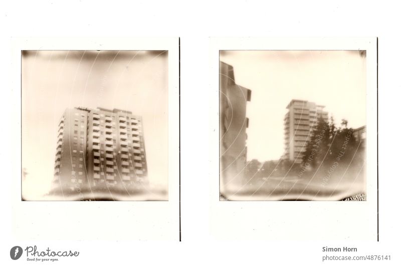 Polaroid apartment block Retro Yellowed fade block of flats High-rise Building Architecture Past Hazy Memory Nostalgia Analog Photo album Transience